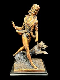 Metal Sculpture Lady With Dog