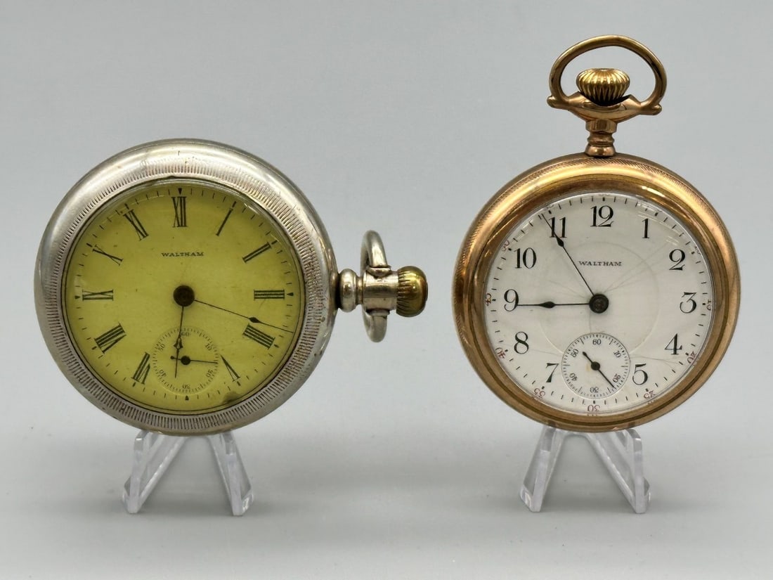 (2) Waltham Pocket Watches: (2) Waltham Pocket Watches: (1) 15 jewel, movement number 8867236, Deuber Silverine Case. (1) 17 jewel, 18s, 1907, gold filled, movement number 16374674, Philadelphia case.