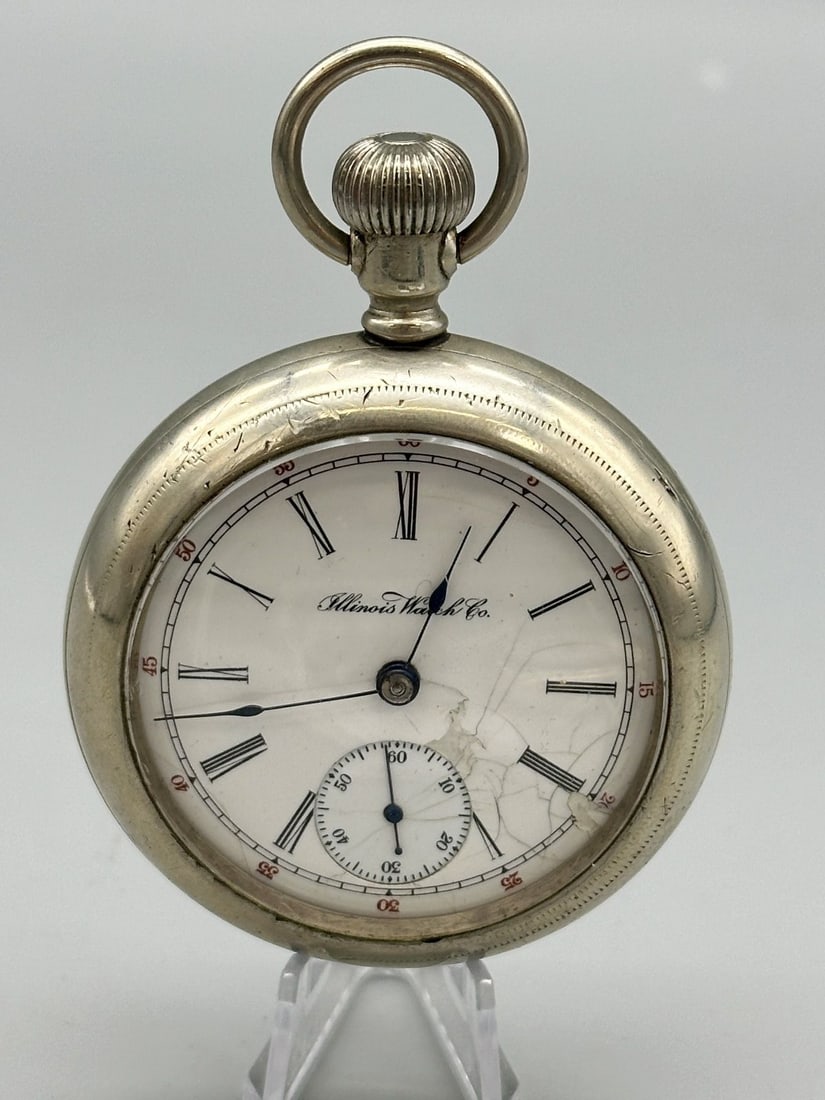 1896 Illinois Fahy's Oresilver Case Pocket Watch: 1896 Illinois Oresilver Case Pocket Watch: Movement number 1346256, 7 jewel, 18s, Fahy's case. Enamel face has cracking. Grade I.W.C. is a 7j Hunting watch.