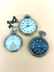 (3) Pocket Watches; Westclox, Longines, Gruen