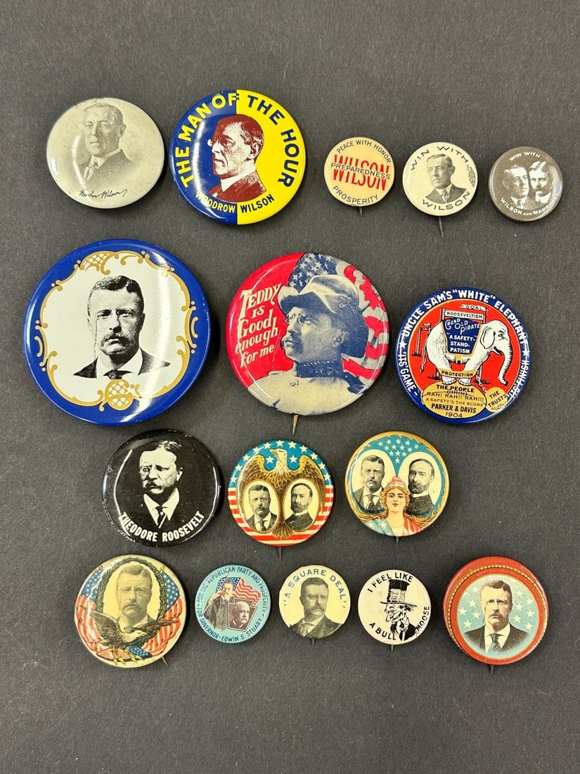 (16) Celluloid Political Pinbacks; Teddy Roosevelt, Woodrow Wilson (1 of 5)