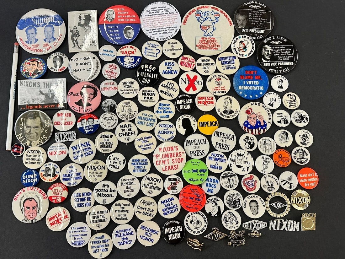 (110+) Richard Nixon Political Campaign Buttons, Satirical with Jewelry: (110+) Richard Nixon Political Campaign Buttons, Satirical with Jewelry: Includes some rare pieces including some costume rhinestone brooches. There are a number of satirical buttons as well.