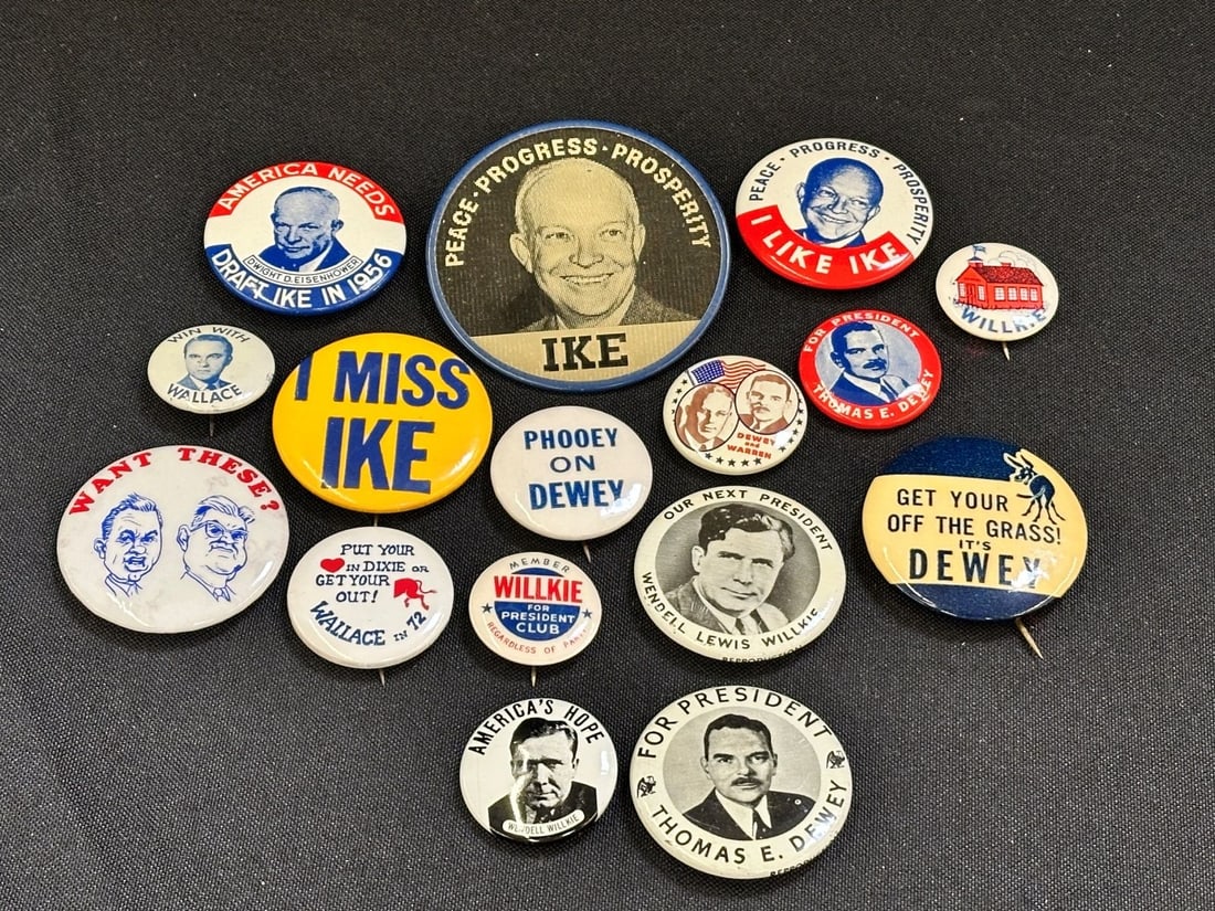 (16) Early Political Campaign Buttons: Willkie, Ike, Nixon, Wallace, Dewey: (16) Early Political Campaign Buttons: Willkie, Ike, Nixon, Wallace, Dewey