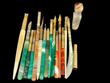 Group of Glass, Nephrite, MOP Pen Holders Gold Filled, Silver Plate Tips
