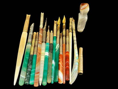 Group of Glass, Nephrite, MOP Pen Holders Gold Filled, Silver Plate Tips: Group of Glass, Nephrite, MOP Pen Holders Gold Filled, Silver Plate Tips: Includes 2 pencils, 14 gold filled ends, and 1 wax stamp.