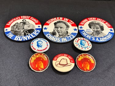 (8) Vintage Television Buttons: Archie Bunker for President, Who Shot JR.
