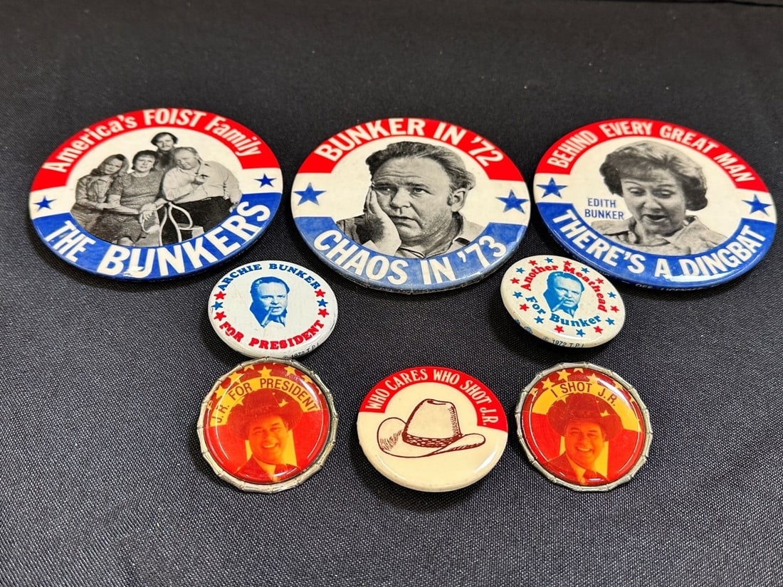 (8) Vintage Television Buttons: Archie Bunker for President, Who Shot JR.: (8) Vintage Television Buttons: Archie Bunker for President, Who Shot JR: (3) Who Shot J.R. (Dallas), (5) Bunkers.