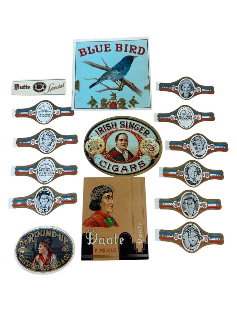 Group of Cigar Labels: Group of Cigar Labels: Includes Shirley Temple, Blue Bird, Irish Singer, Dante.