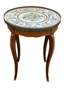 19th Century French Occasional Table With Porcelain Top, Gilt, Floral Garland Border