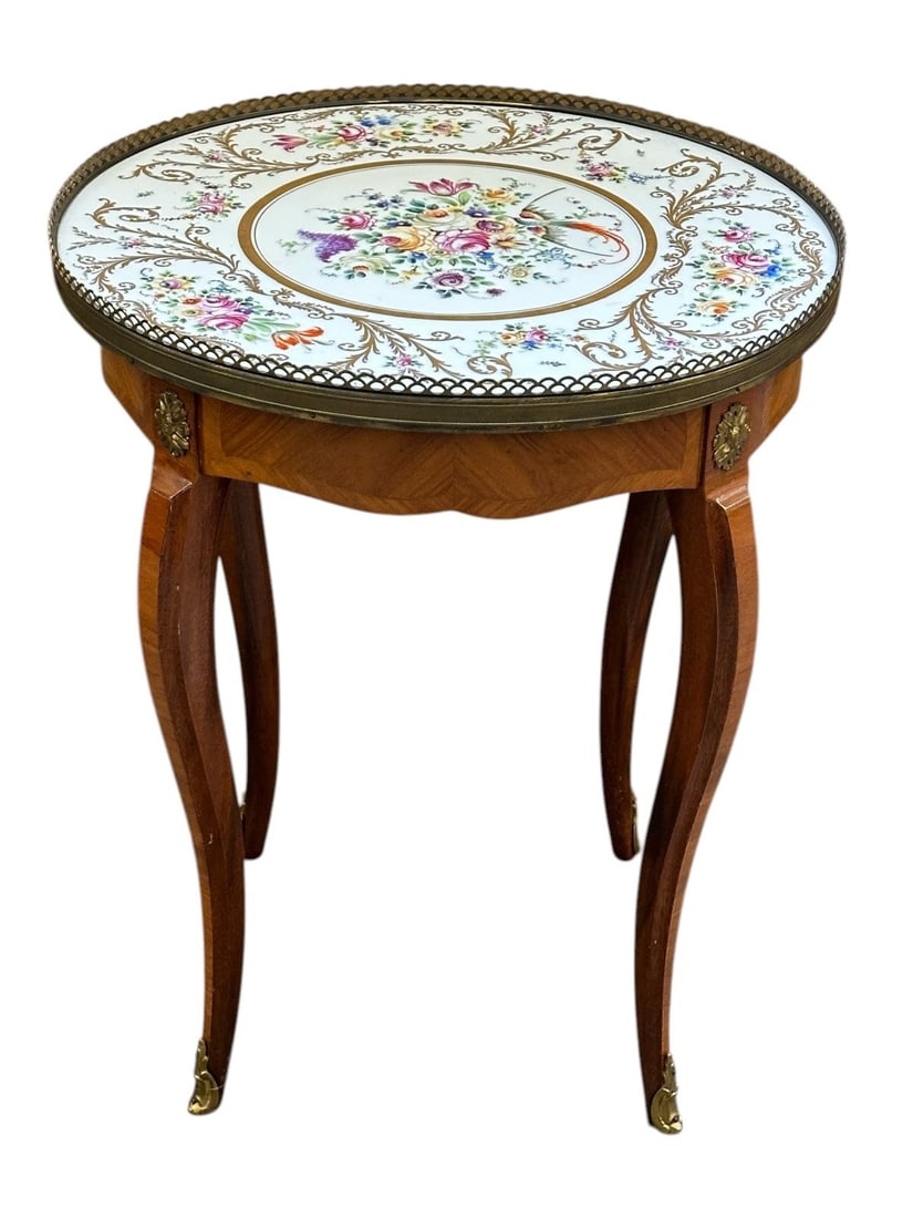 19th Century French Occasional Table With Porcelain Top, Gilt, Floral Garland Border (1 of 7)