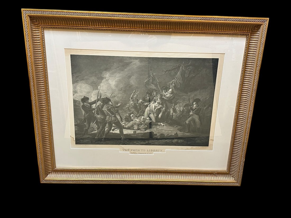 The Path to Liberty, Death of General Montgomery Oversize Engraving: The Path to Liberty, Death of General Montgomery Oversize Engraving: Framed and measuring 46 x 38.5". Published by American Art Works. Some water staining at bottom.