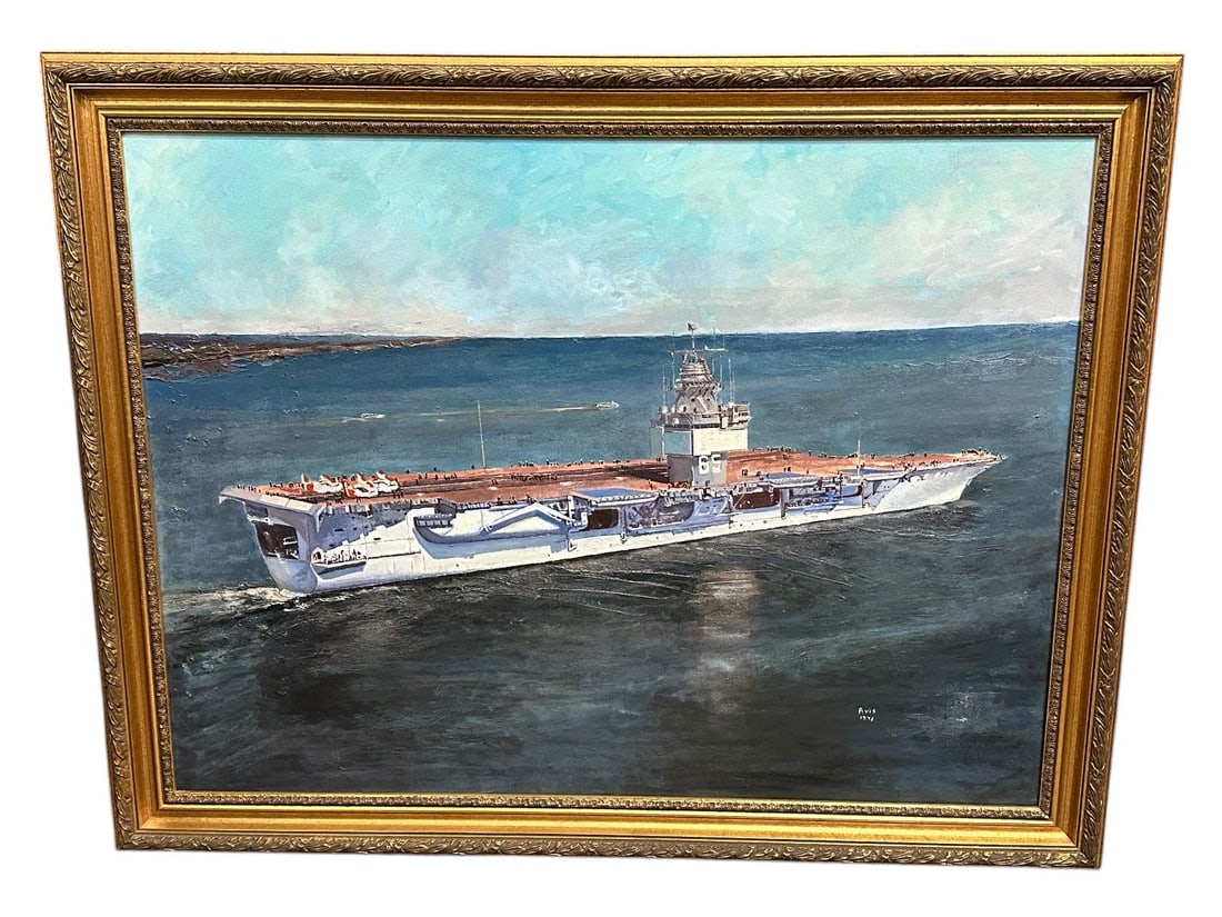 Oil on Canvas Aircraft Carrier Signed Avis 1971: Oil on Canvas Aircraft Carrier Signed Avis 1971: Large piece canvas measures 40 x 30" framed piece 45.75 x 36". Item not available for shipping.