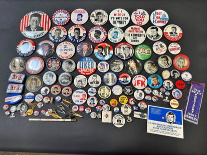 (118) John F. Kennedy Political Buttons, Tie Tacks "Kennedy Liberal Row C": (118) John F. Kennedy Political Buttons, Tie Tacks "Kennedy Liberal Row C": Includes buttons from when he was a senator, running for President, in memoriam. Also included are tie tacks, submarine rare