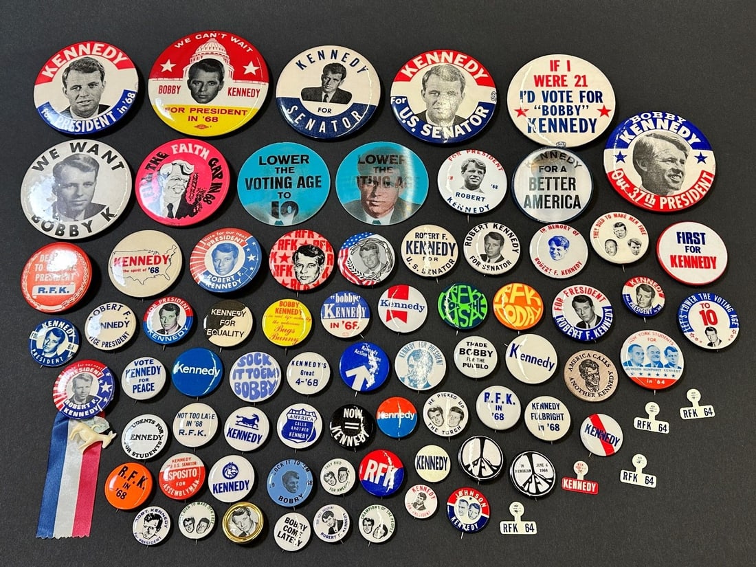 (77) Bobby Kennedy Political Buttons: (77) Bobby Kennedy Political Buttons: Buttons include when he was a senator, running for President, and in memoriam.