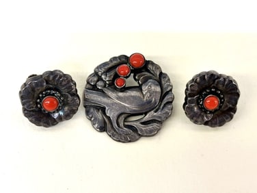 Georg Jensen Denmark Sterling Silver Brooch and Earring Set