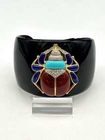 Black Cuff Egyptian Scarab Bracelet With Carnelian, Lapis, Diamond Chips