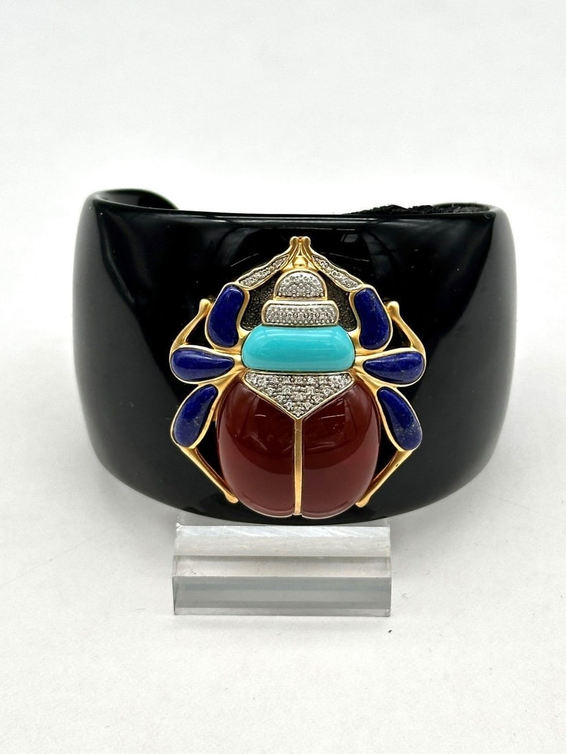 Black Cuff Egyptian Scarab Bracelet With Carnelian, Lapis, Diamond Chips: Black Cuff Egyptian Scarab Bracelet With Carnelian, Lapis, Diamond Chips