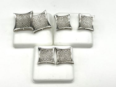 (3) Pairs Sterling Silver & Micro Pave Set Diamond Earrings