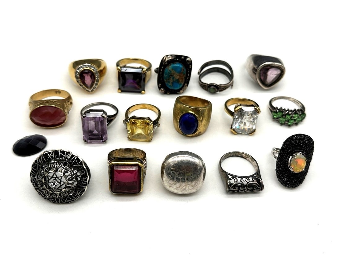 (15) Group of Sterling Silver and Gold Filled Rings: (15) Group of Sterling Silver and Gold Filled Rings: Includes; Premier designs with magnetic stones, includes the following gems emeralds, lapis, amethyst, CZ's, turquoise.