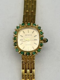 Geneve Quartz Watch With Emerald Bezel Halo