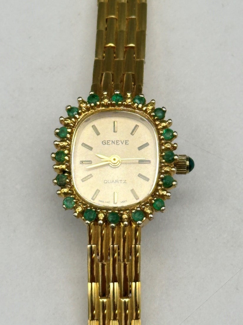 Geneve Quartz Watch With Emerald Bezel Halo: Geneve Quartz Watch With Emerald Bezel Halo