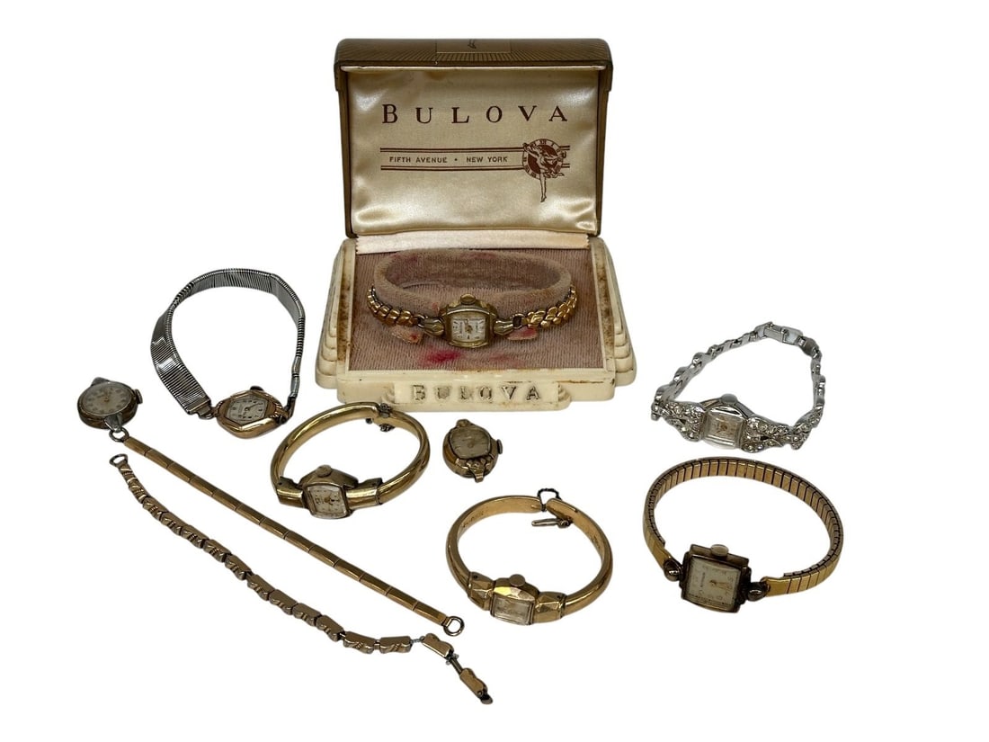 Group of Gold Filled Ladies Watches: Group of Gold Filled Ladies Watches: Includes Bulova in original art nouveau box, Wittnauer, Belrus, Mercury, Waltham, Delmark.