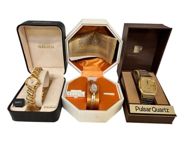 (3) Watches in Original Boxes; Gruen, Bulova, Pulsar