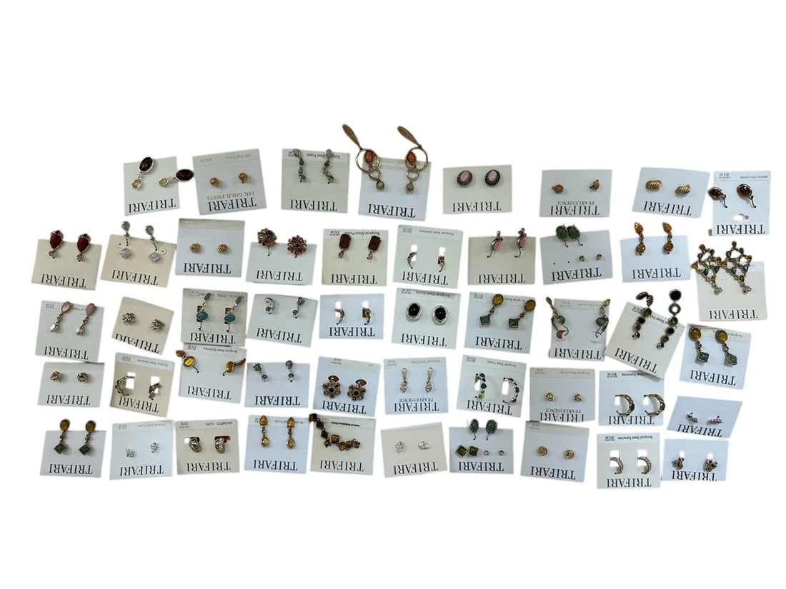(48) Pairs of Trifari Earrings Costume Jewelry on Cards: (48) Pairs Trifari Earrings Costume Jewelry on Cards