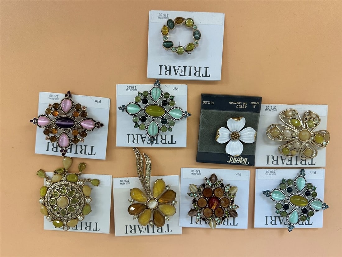 (9) Trifari Brooches on Cards: (9) Trifari Brooches on Cards