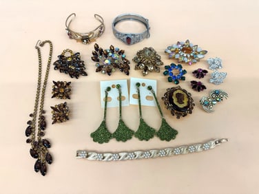 Group of Rhinestone Costume Jewelry Including Crown Trifari