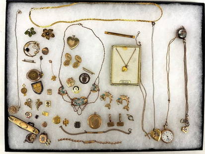 Group of Gold Filled Jewelry: Group of Gold Filled Jewelry: Includes; locket, cuff links, watch fobs, Omega watch, bracelets, pins, necklaces.