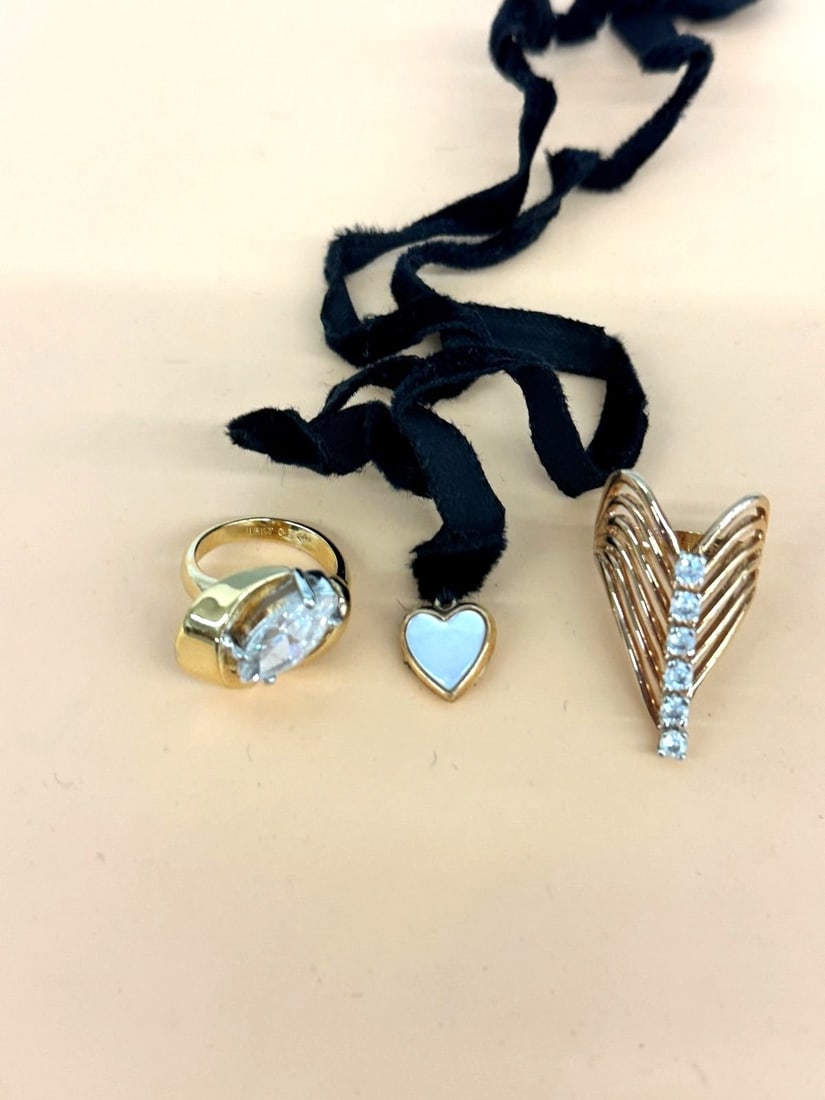 (2) Gold Plated Rings With CZ's, Heart MOP Necklace: (2) Gold Plated Rings With CZ's, Heart MOP Necklace