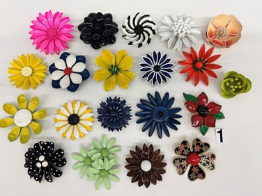 (20) Group of Flower Brooches; Enamel, Metal
