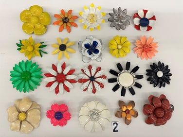 (20) Group of Flower Brooches; Enamel, Metal