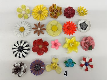 (20) Group of Flower Brooches; Enamel, Metal