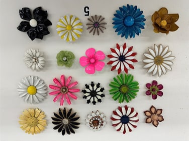 (20) Group of Flower Brooches; Enamel, Metal
