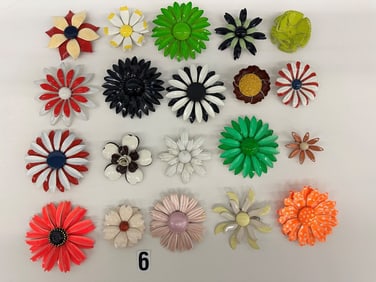 (20) Group of Flower Brooches; Enamel, Metal