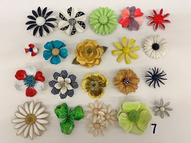 (20) Group of Flower Brooches; Enamel, Metal
