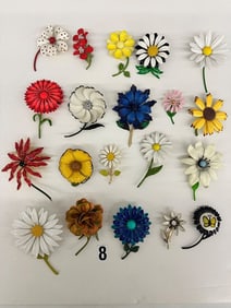 (20) Group of Flowers With Stems Brooches; Enamel, Metal
