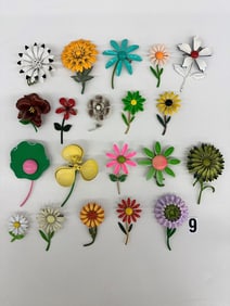 (20) Group of Flowers With Stems Brooches; Enamel, Metal