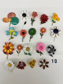 (19) Group of Flowers With and Without Stems Brooches; Enamel, Metal