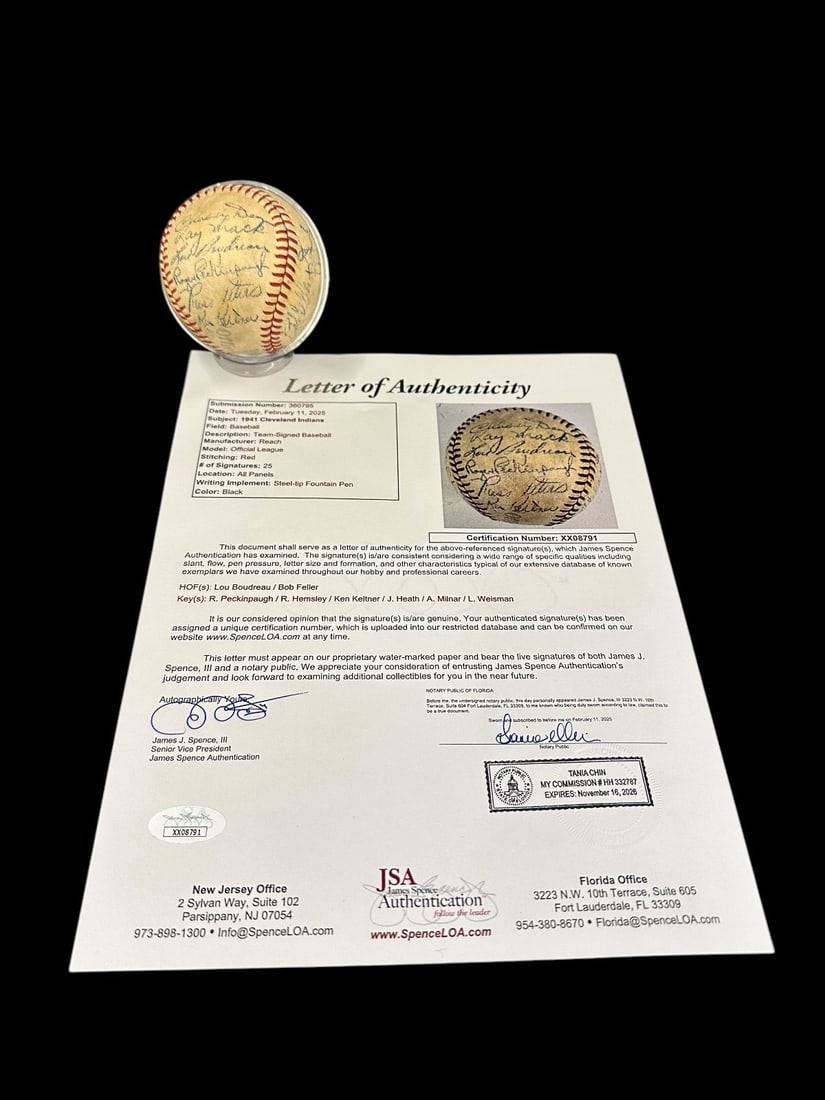 1941 Cleveland Indians Team Signed Ball: Feller, Boudreau, JSA Full Cert (1 of 7)
