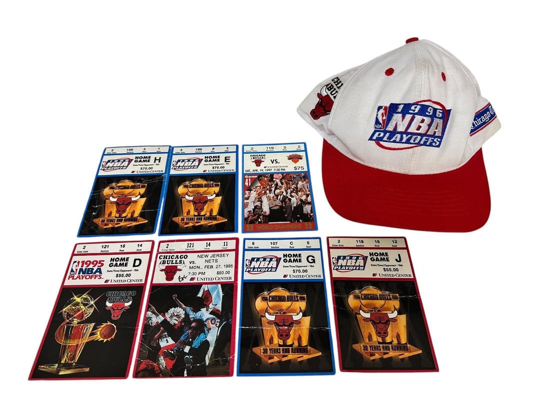 1995/1996 NBA Playoff Chicago Bulls Hat, Game Tickets: 1995/1996 NBA Playoff Chicago Bulls Hat, Game Tickets: (7) game tickets.
