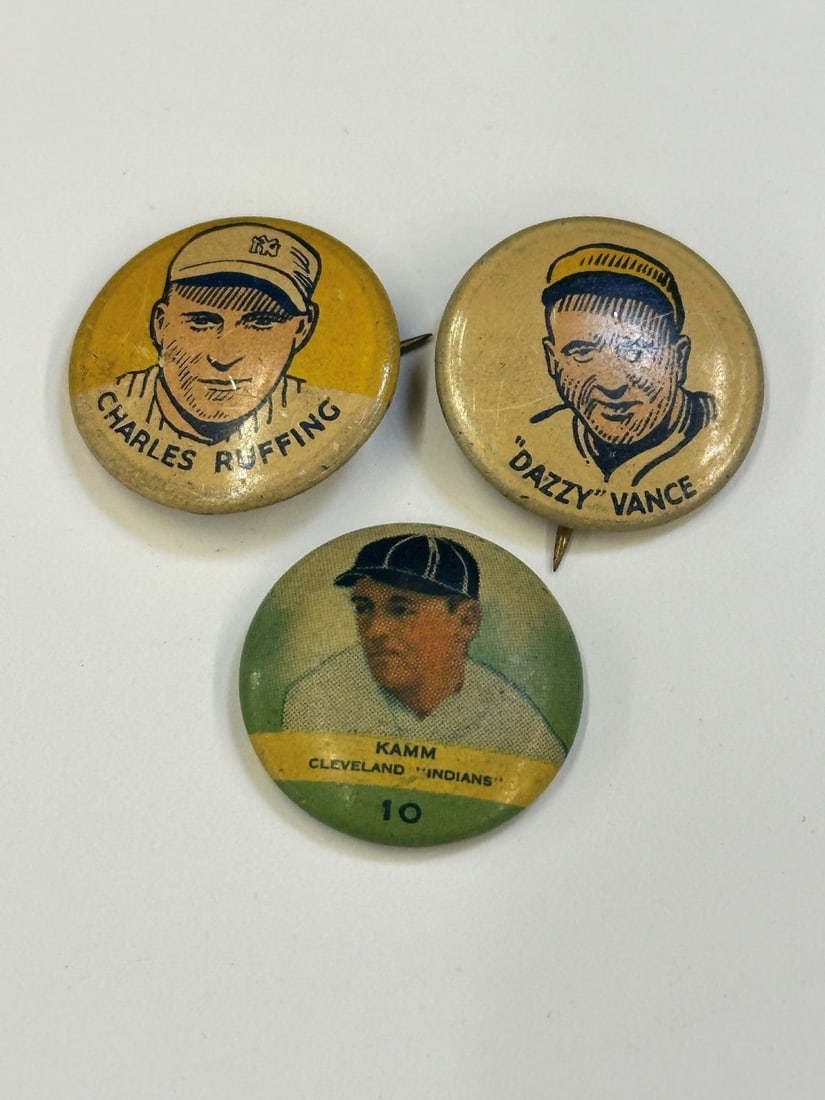 (2) 1930 PR4 Cracker Jack Baseball Pin Backs, (1) 1932 PR2 Orbit Gum Pin (1 of 4)
