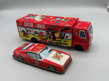 Tin Fire Chief Car & Tin Circus Truck No. 63 Made in Japan