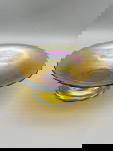 Favrile Iridescent Footed Bowl Unsigned: Favrile Iridescent Footed Bowl Unsigned: Measures 2.5" tall, 7.25" in diameter.