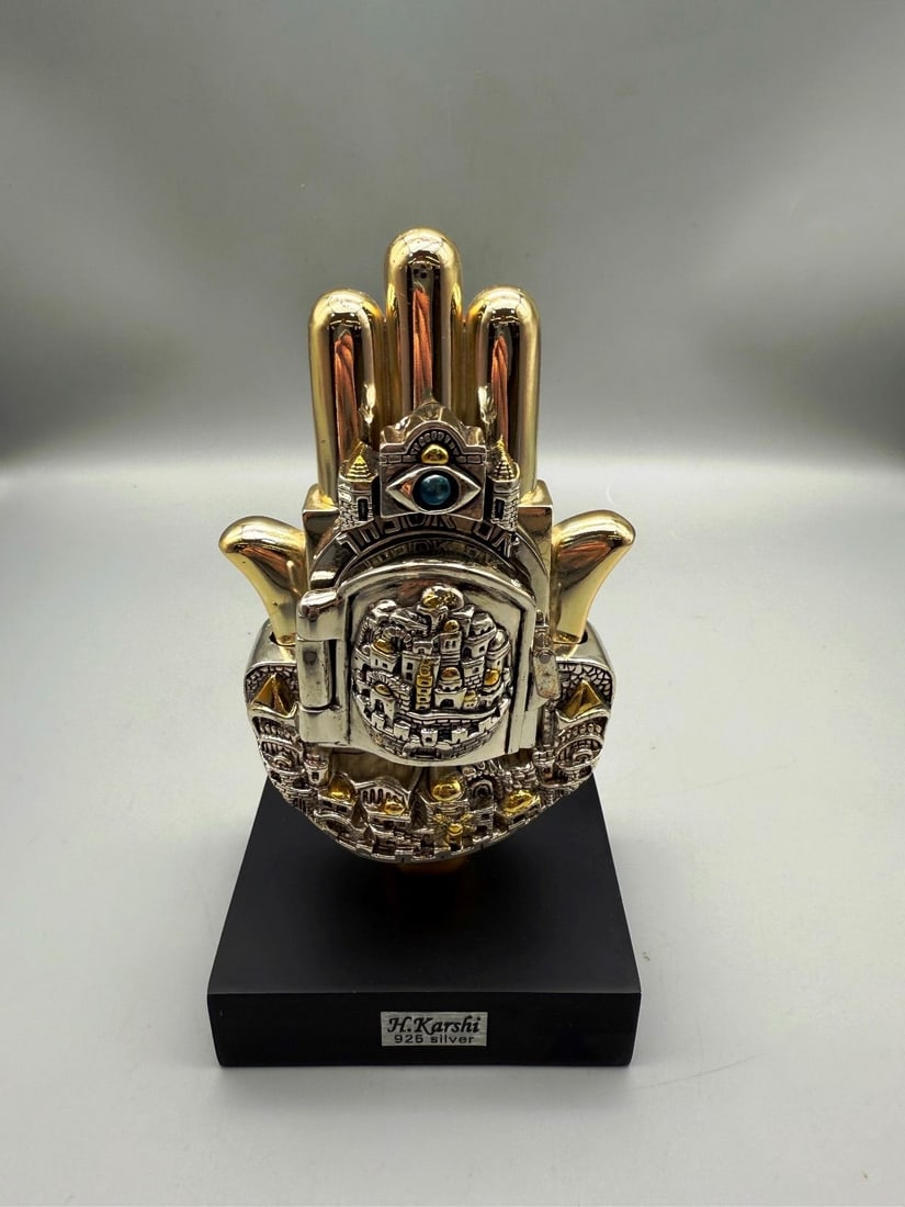 Silver Judaica Hamsa Hand, Hand Of Miriam on Pedestal by H. Karshi (1 of 4)