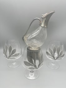 Silver Plate Duck Decanter With (3) Silver Overlay Sniffer Glasses
