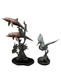 (2) Brass Sculptures Dolphins and Heron