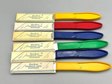 (6) Quikut Fremont, Ohio Stainless Knives With Colored Handles and Sleeves